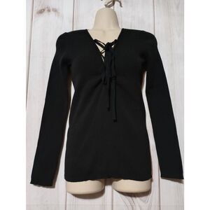 Zara Sweater Ladies Small Black Lace Tie Neck Form‎ Fitting